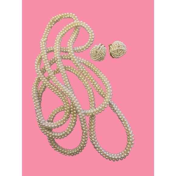 Vintage Jewelry Set Seed Pearl Necklace PLUS Clip Earrings Lightweight Ballet - Picture 6 of 12